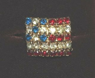 Vintage Costume Jewelry Adjustable Ring: Usa Flag: Red,  White & Blue Rhinestones