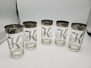5 Vintage Platinum Rim Glasses Tumblers 5 3/4 " With Letter K