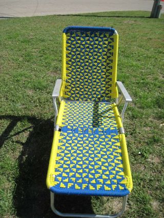 Vtg Aluminum Reclining Folding Chaise Lounge/lawn Chair Blue And Gold Macrame