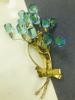Estate Vintage Blue Topaz Glass Brass Metal Pin Brooch 5 " T 50s