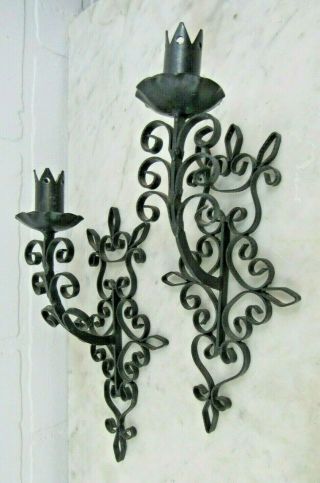 Vintage Black Metal Pair Wall Sconce Gothic Spanish Revival Wrought Iron Garden