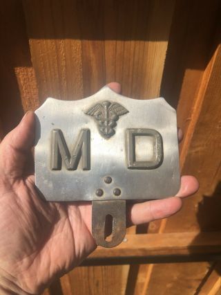 Vintage Md Vehicle License Plate Tag Topper Medical Doctor Stainless Bronze