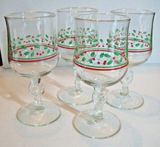 Vintage 1987 Arbys Christmas Holly Berry Stemmed Glasses With Bows/set Of 4