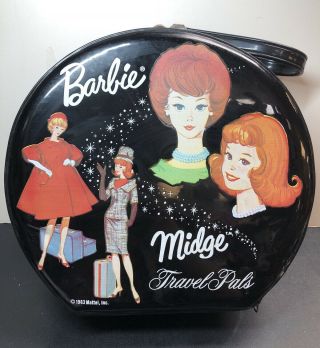 10.  5x11.  5x4” Vintage Mattel Barbie Midge Travel Pals Round Doll Case Trunk 1963