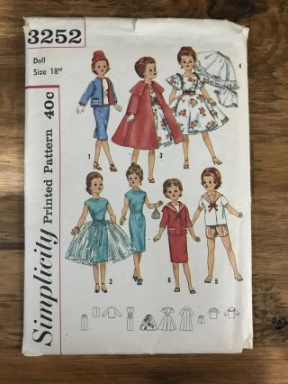 Simplicity 3252 18 " Doll Clothes For Miss Revlon & Cissy Vintage Sewing Pattern