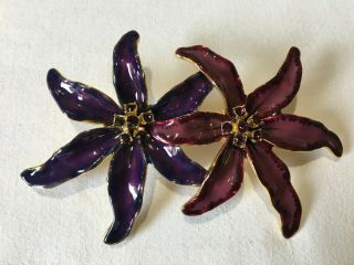 Vintage Kjl Kenneth Lane Enamel Flower Lily Brooch Necklace Pendant Purple Pink