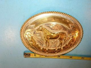 Vintage Silver/gold 4 1/2 " X 3 1/2 " Belt Buckle.  Ornate W/ Standing Horse