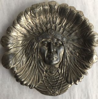 Old Vintage Cast Metal Indian Chief Coin Tray Trinket Old West