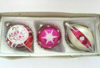Set (3) Vintage Large,  Blown Glass Teardrop,  Indent & Round Christmas Ornaments