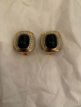 Vintage Christian Dior Gold Tone Black Rhinestone Earrings Clip On Earrings