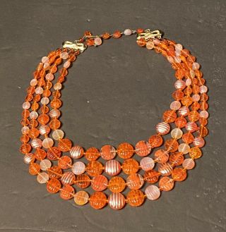 Vintage 4 Strand Necklace All Orange Art Glass Beads Favrile Ribbed Frosted