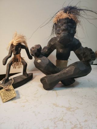 2 Vintage Hand Carved African Tribal Men Wood Statue Figurine