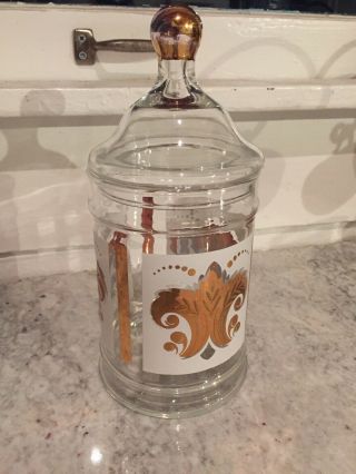 Vtg Mcm Mid Century Modern Glass Apothecary Jar & Lid Gold Fleur De Lis French