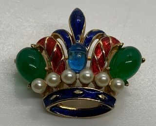 Estate Vintage Trifari Jewels Of India Enamel Cabochon Crown Brooch