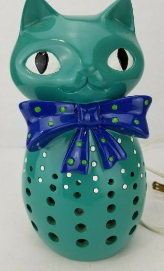 Vintage Ceramic Teal Cat With Polka - Dot Blue Bow Night Light Table Lamp 8 Inch