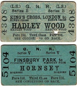Railway Tickets X 2: Great Northern Railway: Finsbury Park,  Hadley Wood Etc.