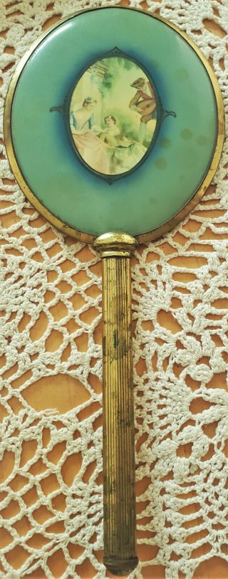 Vtg Art Deco Gold Hand Mirror Beveled Glass Floral Green Back Women Musician 12 "