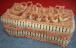 Vintage Handmade Beaded Tissue Box Cover Coral White Clear Beads 1980s Era