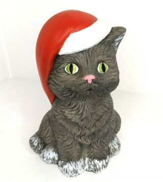 Vintage Ceramic Cat Kitten Figurine Christmas Santa Hand Painted Statue Grey 8 "
