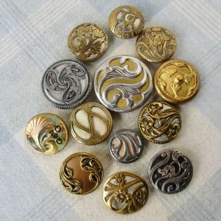 Asmt.  Of 13 Vintage 2 - Piece Brass Buttons,  Many W Ornate Overlays And 1 Enamel