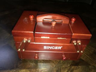 Vintage Singer Small Accordion Wood Sewing Notions Storage Box,  With Accessories