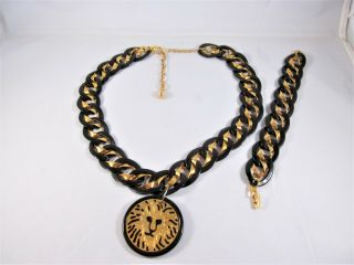 Vintage Napier Lion Head Pendant Black Enamel Gold Necklace And Bracelet Set