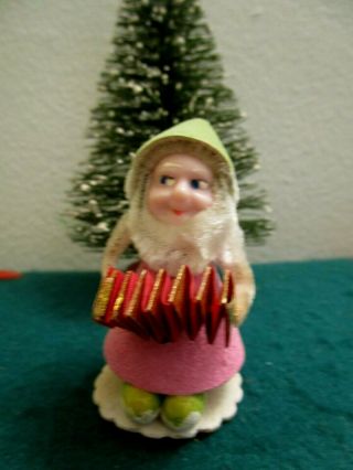 Vintage Elf/pixie Putz & Mica Body Molded Face & Playing Accordion Xmas Ornament