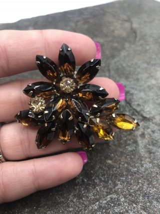 Vtg Juliana?? Brown And Yellow Glass Rhinestone Figural Flower Brooch