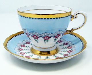 Vintage Royal Tuscan Bone China England Cup Saucer Blue Gold Rim Red Flowers