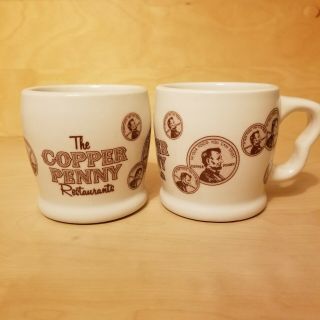 2 Vintage Copper Penny Restaurant Ware Coffee Cups Mugs - Heavy Shenango China