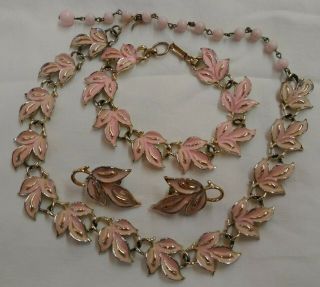 Vintage Coro Necklace Bracelet Earring Set Pink Enamel Leaf