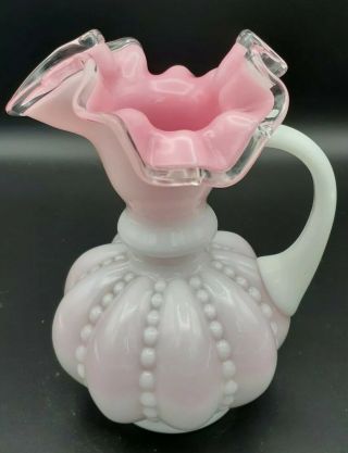 Vintage 1940s Fenton White & Pink Ruffles Crest Rib Beaded Art Glass Vase 6 1/2 "