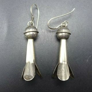 Vintage Navajo Sterling Silver Squash Blossom Earrings Pierced French Wire Dangl