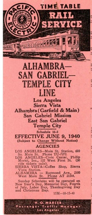 Pacific Electric Ry,  Interurban Alhambra - Temple Cit Line Time Table June 9,  1940