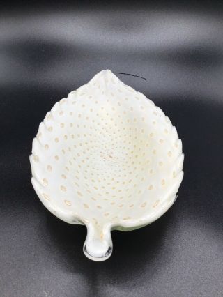 Vintage Alfredo Barbini Murano White Cased Leaf Dish With Gold Flakes In Bubbles