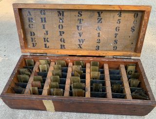 Vintage Brass Interlocking Letter Stencils Incomplete Set In Wooden Box