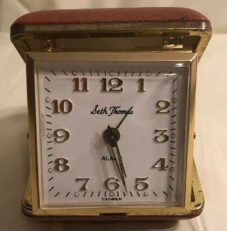 Vintage Seth Thomas Fold Up Travel Alarm Clock Wind Up Mechanical Tan Case