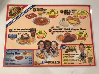 Rare Vintage 1995 Waffle House Menu Placemat Laminated 40th Anniv.  Caricatures