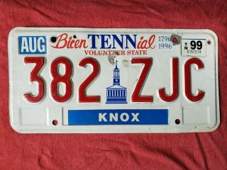 1999 Tennessee Bicentennial License Plate Knox 382 Zjc Red White Blue