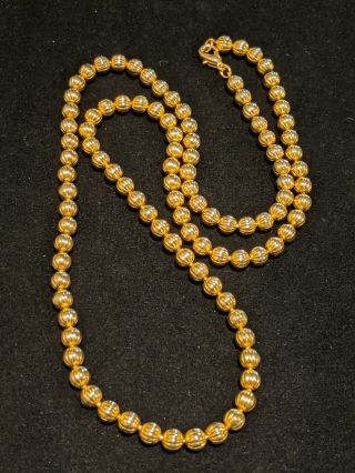 Vintage Estate Solid Gold Tone Textured Ribbed Metallic Bead Necklace