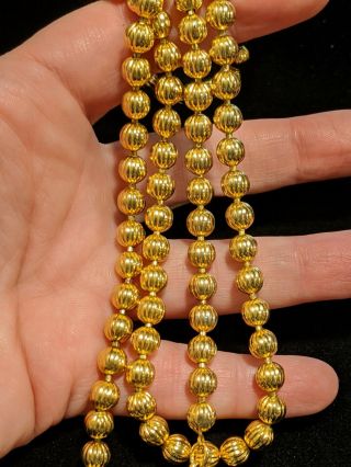Vintage Estate Solid Gold Tone Textured Ribbed Metallic Bead Necklace 3