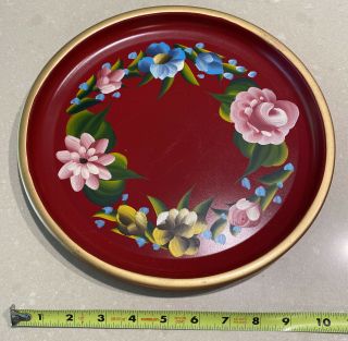 Vintage Hand Painted Floral Toleware Red Metal Tray