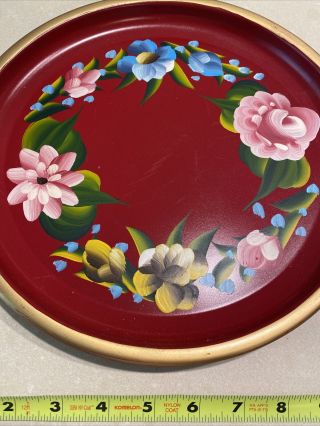 Vintage Hand Painted Floral Toleware Red Metal Tray 2