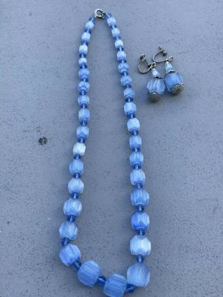 Vintage Czech Baby Blue Art Glass Necklace And Screw Back Earring Set