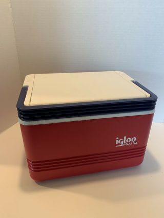 Vintage Igloo Polar Six Cooler White Red Blue Holds 6 Cans 2000 5.  3 Qt 5.  0 L