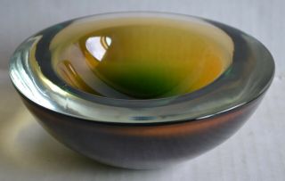 Vintage Heavy Round Murano Glass Ashtray Decorative Bowl Green & Amber Mcm Style