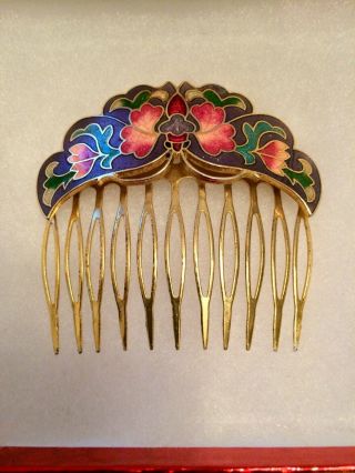 Vintage Cloisonne Enamel Floral Metal Hair Comb 1980s