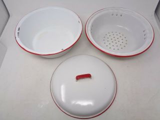 Vtg Enamel 10 " Steamer Pan Insert With Pot And Lid - Red/white