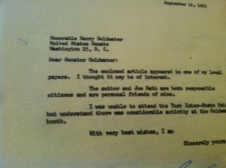Historical Letter To Barry Goldwater From G Goodling Signed 1963.  20/9