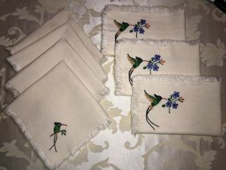 Vintage Embroidered Linens 4 Napkins & 3 Placemats - Hummingbirds With Flowers